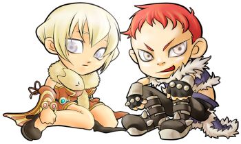 1boy 1girl animal animal_around_neck armored_boots black_gloves black_pants black_shoes blonde_hair blue_cape blue_jacket boots breasts cape closed_mouth detached_sleeves dress expressionless fingerless_gloves food fox fruit full_body fur-trimmed_cape fur-trimmed_jacket fur_trim gloves grey_eyes jacket looking_at_viewer medium_breasts open_mouth orange_(fruit) orange_dress orange_slice pants professor_(ragnarok_online) ragnarok_online red_hair shoes short_bangs short_hair simple_background sitting sleeveless sleeveless_dress smile stalker_(ragnarok_online) striped_sleeves tatsuaki_fuji transparent_background waist_cape wariza yellow_sleeves