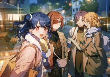 4girls :d absurdres argyle_clothes argyle_sweater arm_behind_back asakura_toru backpack bag belt bench blue_eyes blue_hair blue_nails braid brown_hair building coat dress earrings fukumaru_koito fur_trim hair_bun hair_ornament hair_over_one_eye hair_pulled_back hairclip handbag highres higuchi_madoka holding holding_paper ichikawa_hinana idolmaster idolmaster_shiny_colors jewelry lamppost looking_at_viewer medium_hair mittens mole mole_under_eye multiple_girls night open_mouth outdoors paper parted_bangs pink_coat plaid_clothes plaid_dress purple_eyes qinglai_haiji red_eyes scarf short_hair single_hair_bun single_side_bun smile standing sweater table tree two_side_up umbrella white_coat window winter_clothes wooden_bench wooden_table yellow_eyes yellow_mittens