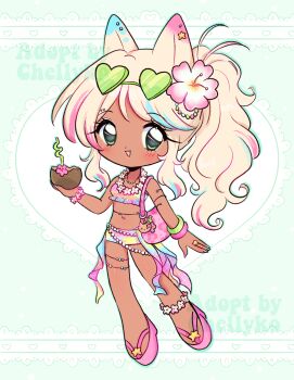 1girl 2000s_(style) absurdres adoptable bag bag_charm bikini blonde_hair character_charm charm_(object) chellyko coconut_cup commentary dark-skinned_female dark_skin english_commentary faux_retro_artstyle flower flower_necklace green_eyes gyaru hair_flower hair_ornament handbag hello_kitty hello_kitty_(character) highres jewelry lei long_hair looking_at_viewer manba_gyaru multicolored_hair necklace original pink_sandals ponytail sandals sanrio smile solo streaked_hair sunglasses swimsuit tan_hello_kitty