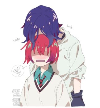 !? 1boy 1girl amate_yuzuriha ariamikukanzaki black_gloves blue_hair commentary diagonal-striped_clothes diagonal-striped_necktie english_commentary face_in_hair faceless faceless_female gloves gradient_hair gundam gundam_gquuuuuux height_difference multicolored_hair necktie red_hair shaded_face short_hair shuji_ito signature sleeves_pushed_up smelling smelling_hair spoken_interrobang striped_clothes sweater white_sweater