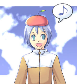 1boy :d acolyte_(ragnarok_online) blue_eyes blue_hair blue_sky brown_coat cloud coat commentary_request dated_commentary fruit_hat letterboxed long_sleeves lowres male_focus musical_note oomojiya open_mouth ragnarok_online short_hair sky smile solo spoken_musical_note upper_body