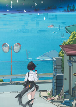 1girl absurdres bag beamed_sixteenth_notes bird black_bag black_hair black_skirt cellphone chain-link_fence ellen_joe ellen_joe_(on_campus) fence fins fish_tail from_behind highres holding holding_phone long_sleeves midfinger mirror multicolored_hair musical_note outdoors phone red_hair revision shark_tail shirt short_hair shoulder_bag skirt smartphone solo tail two-tone_hair water white_shirt zenless_zone_zero