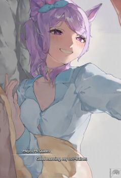 1girl animal_ears aqua_bow blue_shirt blush bow breasts collarbone commentary ear_bow english_commentary english_text highres horse_ears horse_girl long_hair long_sleeves looking_at_viewer lying mejiro_mcqueen_(umamusume) on_side open_mouth purple_eyes purple_hair shirohitoishi shirt smile solo umamusume