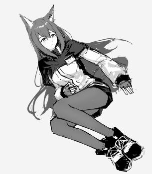 1girl absurdres animal_ears ankle_boots arknights boots capelet closed_mouth fingerless_gloves full_body fuyukono gloves grey_background greyscale hair_between_eyes hand_on_own_stomach highres jacket light_blush long_hair long_sleeves monochrome pantyhose short_shorts shorts simple_background sketch solo texas_(arknights) wolf_ears wolf_girl