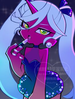 1girl applying_makeup applying_own_makeup black_dress blue_hair commentary_request demon_girl demon_horns dokupiyoart dress green_eyes halter_dress halterneck highres horns kneesocks_(psg) long_hair looking_at_viewer panty_&amp;_stocking_with_garterbelt single_horn solo twintails