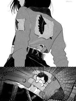 1boy 1girl 5nd_0mc black_hair blush_stickers chibi cropped_jacket emphasis_lines eren_yeager greyscale highres jacket mikasa_ackerman military_jacket monochrome parted_bangs shingeki_no_kyojin short_hair survey_corps_(emblem) three-dimensional_maneuver_gear twintails upper_body white_background