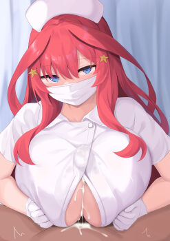 1boy 1girl absurdres blue_eyes breasts breasts_squeezed_together bulge censored cum cum_on_body cum_on_breasts cum_on_upper_body curtains ejaculation face_mask gloves go-toubun_no_hanayome hair_ornament hat highres large_breasts large_penis looking_at_viewer mask micosiva mosaic_censoring nakano_itsuki nipples nurse nurse_cap paizuri paizuri_under_clothes penis red_hair star_(symbol) star_hair_ornament translation_request underboob white_gloves