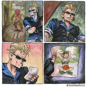 Rule 34 | absurdres, albert wesker, artist name, basketball, basketball uniform, black gloves, blood, blood on face, claws, commentary, english commentary, fingerless gloves, gloves, highres, holding, holding photo, midriff, photo (object), rebecca chambers, resident evil, resident evil 1, rhiannon kagoe, sitting, smile, sportswear, sunglasses, zombie