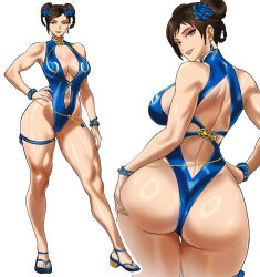 1girl abs absurdres alternate_costume ass back back_cutout bead_bracelet beads blue_flower blue_one-piece_swimsuit blue_sandals bracelet braid braided_hair_rings breasts brown_eyes brown_hair capcom chain chun-li cleavage clothing_cutout contrapposto curvy double_bun earrings feet flower full_body gold_chain grabbing_own_ass hair_bun hair_flower hair_ornament hair_rings hand_on_own_ass hand_on_own_hip highleg highleg_one-piece_swimsuit highres huge_ass jewelry large_breasts legs lips looking_at_viewer median_furrow multiple_views official_alternate_costume official_alternate_hairstyle one-piece_swimsuit parted_lips sandals shiny_skin short_hair simple_background single_earring smile street_fighter street_fighter_6 swept_bangs swimsuit teardrop_earrings thick_thighs thigh_gap thigh_strap thighs thong_one-piece_swimsuit toes toned toned_female turtleneck turtleneck_one-piece_swimsuit twin_braids white_background wide_hips witlessfrawn