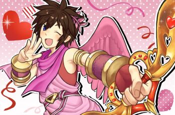 Rule 34 | 1boy, ;d, angel, angel wings, armlet, armpits, belt, blue eyes, bow (weapon), bracer, brown hair, commentary, english commentary, feathered wings, fingerless gloves, gloves, gold armlet, heart, highres, holding, holding bow (weapon), holding weapon, jewelry, kid icarus, kid icarus uprising, laurel crown, male focus, nintendo, one eye closed, open mouth, pink belt, pink wings, pit (kid icarus), red gloves, smile, solo, spiked hair, weapon, wings, winnie6890