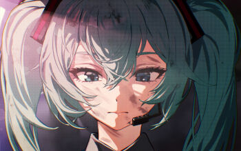 1girl aqua_hair blue_eyes bypos closed_mouth commentary dirty dirty_face english_commentary hair_between_eyes hatsune_miku headset highres long_hair looking_down portrait sidelighting solo twintails vocaloid