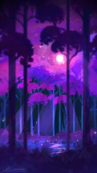 artist_name forest landscape light_particles nature no_humans original outdoors painterly purple_theme reflection reflective_liquid river scenery signature subsurface_scattering sun tree zandra