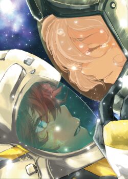 2girls absurdres artist_name blue_eyes blush closed_eyes commentary_request grey_hair gundam gundam_suisei_no_majo helmet highres miorine_rembran multiple_girls red_hair reflection smile soichi55555 space space_helmet spacesuit suletta_mercury tears yuri
