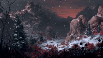 bare_tree cloud cloudy_sky highres landscape mountain night original painterly path pine_tree red_grass refiend road rock scenery signature sky snow snowing tree
