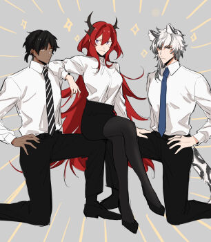 1girl 2boys alternate_costume animal_ears arknights black_hair black_necktie black_pants black_pantyhose black_shoes black_skirt blouson_chiemi blue_necktie closed_mouth collared_shirt commentary_request crossed_legs dark-skinned_male dark_skin demon_girl demon_horns formal_clothes grey_background hair_between_eyes highres horns invisible_chair kneeling long_hair long_sleeves looking_at_viewer multicolored_hair multiple_boys necktie on_one_knee pants pantyhose pencil_skirt purple_eyes red_hair shikiri shirt shirt_tucked_in shoes short_hair silverash_(arknights) simple_background sitting skirt smile snow_leopard_boy snow_leopard_ears snow_leopard_tail striped_clothes striped_necktie surtr_(arknights) tail thorns_(arknights) very_long_hair white_hair white_shirt
