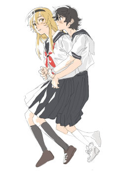 2girls ahoge black_hair blonde_hair blue_eyes blush bracelet chinese_commentary commentary couple glasses hairband highres hug hug_from_behind jewelry jiguang_haibao kneehighs koishikawa_iko looking_at_another momijiyama_teru multiple_girls school_uniform serafuku shoes shy_(series) simple_background skirt socks sweat white_background white_shoes yellow_eyes yuri