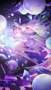 1girl absurdres breasts bridal_veil commentary_request cyrene_(honkai:_star_rail) cyrene_(ripples_of_past_reverie)_(honkai:_star_rail) dress earrings halo high_heels highres holding_planet honkai:_star_rail honkai_(series) jewelry kyusoukyu long_hair medium_breasts pink_hair planet planetary_ring pointy_ears solo veil very_long_hair white_dress