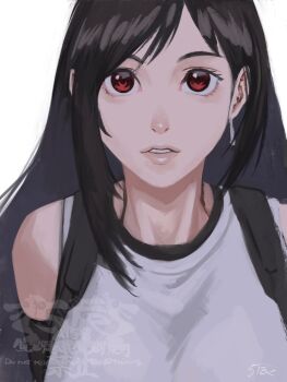 1girl 5tatsu bare_shoulders black_gloves black_hair commentary_request earrings elbow_gloves final_fantasy final_fantasy_vii final_fantasy_vii_remake gloves highres jewelry lips long_hair looking_at_viewer parted_lips pink_lips red_eyes single_earring single_sidelock solo straight-on suspenders swept_bangs tank_top tifa_lockhart upper_body white_background white_tank_top