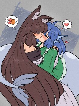 2girls abstract_background ahoge animal_ear_fluff animal_ears arm_hair black_trim blue_background blue_hair blush boned_meat brown_hair closed_eyes commentary dress english_commentary fins food from_behind green_kimono grey_background hair_over_eyes hand_on_another&#039;s_shoulder head_fins heart highres hug imaizumi_kagerou japanese_clothes kimono kiss long_bangs long_hair long_sleeves mcsquiddies meat medium_hair mermaid monster_girl multiple_girls off-shoulder_dress off_shoulder speech_bubble spoken_food spoken_heart tail tail_wrap thought_bubble touhou upper_body very_long_hair wakasagihime white_dress wolf_ears wolf_girl yuri