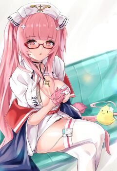 1girl absurdres azur_lane breasts center_opening cleavage commentary_request crossed_bandaids crossed_legs dress feet_out_of_frame glasses gloves hair_spread_out half_gloves hat highres id_card indoors lanyard large_breasts long_hair looking_at_viewer manjuu_(azur_lane) microdress mussyu_danachan nurse nurse_cap official_alternate_costume perseus_(azur_lane) perseus_(unfamiliar_duties)_(azur_lane) pink_eyes pink_gloves pink_hair rectangular_eyewear red-framed_eyewear sitting solo thighhighs twintails very_long_hair white_dress white_hat white_thighhighs