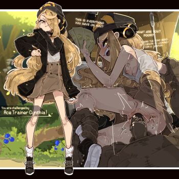 1boy 1girl aged_down anus ass banknote black_coat black_hat blonde_hair breasts brown_skirt clothed_sex coat cynthia_(pokemon) dark-skinned_male dark_skin english_text full_body hair_over_one_eye hat hetero highres holding holding_money leg_grab long_hair looking_at_viewer money multiple_views nintendo nipple_slip nipples open_mouth outdoors penis poke_ball_symbol pokemon pokemon_dppt prostitution pussy pussy_juice sex shuuko_(s_h_uuko) sideboob skirt small_breasts smirk teeth uncensored upper_teeth_only vaginal yellow_eyes