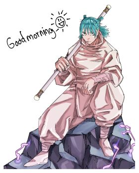 :/ absurdres aqua_eyes bandaged_leg bandages bo_staff double_bun electricity english_text facial_mark full_body good_morning hair_bun highres holding holding_staff jujutsu_kaisen kashimo_hajime male_focus medium_hair on_rock pants robe simple_background sitting smile solo staff vroom622226 white_background white_pants white_robe