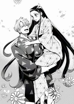 1boy 1girl agatsuma_zenitsu arm_around_shoulder barefoot black_hair blunt_ends blush closed_eyes couple greyscale hair_between_eyes hair_ribbon hetero highres japanese_clothes kamado_nezuko kimetsu_no_yaiba kimono laughing long_hair monochrome multicolored_hair open_mouth osaka_n_a print_kimono ribbon screentones short_hair smile two-tone_hair