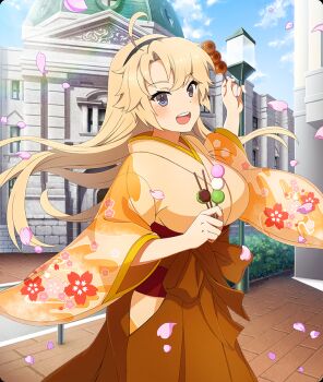 1girl :d ahoge black_hairband blonde_hair blue_eyes blue_sky blush breasts brick_road brown_hakama building cloud cowboy_shot dango day dot_nose falling_petals floral_print floral_print_kimono food from_side game_cg hairband hakama hedge holding holding_food holding_skewer japanese_clothes kimono kohagura_ellen lamppost large_breasts long_hair mitarashi_dango official_art open_mouth orange_kimono outdoors petals pink_petals print_kimono sanshoku_dango skewer sky smile solo taishou teeth third-party_source toji_no_miko toji_no_miko:_kizamishi_issen_no_tomoshibi upper_teeth_only wagashi