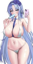 Rule 34 | 1girl, absurdres, alsace (azur lane), alsace (heat beating summer sacrament) (azur lane), azur lane, bare arms, bare shoulders, between breasts, bikini, blue eyes, blue hair, blue necktie, blush, braid, breasts, detached collar, eating, flower, food, food in mouth, hair flower, hair ornament, highres, holding, holding food, holding phone, holding popsicle, large breasts, long hair, navel, necktie, necktie between breasts, official alternate costume, phone, popsicle, popsicle in mouth, simple background, standing, string bikini, swimsuit, white background, white bikini, wynnblue