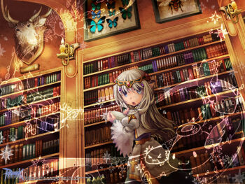 1girl :o arch_bishop_(ragnarok_online) bee blue_butterfly blue_eyes book bookshelf bug butterfly candle circlet copyright_notice cowboy_shot cross dress framed_insect guest_art highres holding holding_book indoors insect juliet_sleeves library logo long_hair long_sleeves looking_at_viewer looking_back moose official_art official_wallpaper open_book open_mouth pointy_ears puffy_sleeves purple_dress ragnarok_online sash shiyunako solo trophy_head two-tone_dress white_dress yellow_sash