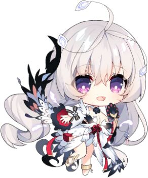 1girl :d ahoge anklet blue_eyes breasts character_request chibi choker cleavage feathers gold_anklet holding houchi_shoujo jewelry lowres official_art open_mouth purple_eyes reaching reaching_towards_viewer smile solo white_choker white_hair wide_sleeves