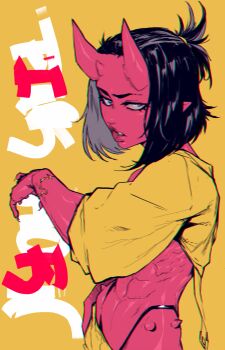 1girl abs black_hair blue_eyes chromatic_aberration colored_skin crop_top eyebrow_cut from_side hair_pulled_back heavy_chromatic_aberration highleg highleg_panties highres horns jacket jankojaro lips looking_at_viewer lowleg lowleg_pants medium_hair midriff muscular muscular_female nose oni original panties pants parted_lips pointy_ears ponytail red_oni red_skin shiny_skin short_ponytail simple_background sketch skin-covered_horns solo standing text_background toned torso underwear yellow_jacket