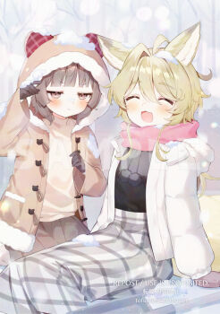Rule 34 | 2girls, :d, :t, ^ ^, ahoge, animal ear fluff, animal ears, animal hood, arm support, arm up, bare tree, black gloves, black shirt, blush, brown coat, brown eyes, brown hair, brown mittens, brown skirt, closed eyes, closed mouth, coat, commentary request, fake animal ears, fur-trimmed coat, fur-trimmed hood, fur trim, gloves, grey skirt, hood, hood down, hood up, hooded coat, hooded jacket, jacket, long sleeves, mittens, multiple girls, open clothes, open coat, open jacket, open mouth, original, outdoors, pink scarf, plaid clothes, plaid skirt, pleated skirt, pout, puffy long sleeves, puffy sleeves, scarf, shirt, single hair intake, sitting, skirt, smile, snow, snow on head, toufu mentaru zabuton, tree, watermark, white jacket, wide sleeves