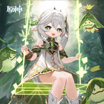 1girl :d aranara_(genshin_impact) bare_shoulders bloomers bracelet commentary copyright_name day detached_sleeves dress feet_out_of_frame genshin_impact gold_trim green_eyes green_hair green_sleeves hair_between_eyes hair_ornament iinagi_(kashiwa_keira) jewelry leaf_hair_ornament long_hair looking_at_viewer multicolored_hair nahida_(genshin_impact) nature on_swing open_mouth outdoors pointy_ears side_ponytail sitting sleeveless sleeveless_dress smile solo streaked_hair sunlight swing symbol-shaped_pupils tree underwear white_bloomers white_dress white_hair