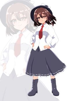 Rule 34 | 1girl, asymmetrical sidelocks, black boots, black hat, black skirt, bone vone, boots, bow, brown eyes, brown hair, collared shirt, commentary request, film grain, frilled skirt, frills, full body, hair bow, hands on own hips, hat, hat bow, highres, long sleeves, medium hair, necktie, projected inset, red necktie, ribbon-trimmed skirt, ribbon trim, shirt, sidelocks, skirt, smile, standing, touhou, usami renko, white background, white shirt