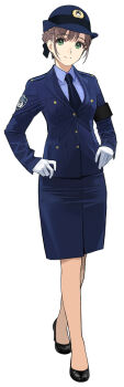 1girl armband black_armband black_shoes blue_hat blue_jacket blue_necktie blue_shirt blue_skirt bow brown_hair closed_mouth collared_shirt epaulettes full_body gloves green_eyes hair_bow hair_up hand_on_own_hip hat head_tilt high_heels highres jacket japanese_national_police_agency_(emblem) long_sleeves looking_at_viewer mibu_natsuki necktie original pantyhose pencil_skirt police police_hat police_uniform policewoman pumps shirt shoes simple_background skirt smile solo white_background white_gloves