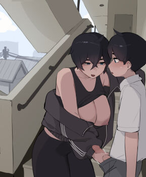 1boy 1girl age_difference aunt_and_nephew black_hair black_jacket blue_eyes breasts censored handjob hetero highres incest jacket large_breasts miyamoto_chihiro_(pepper0) mosaic_censoring motion_lines nipples onee-shota open_mouth original outdoors penis pepper0 shirt short_hair shota stairs track_jacket white_shirt