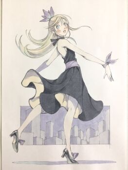 1girl backless_dress backless_outfit bare_shoulders black_dress black_shoes blonde_hair blue_bow blue_eyes blue_flower blue_sash bow breasts city commentary dress flower footwear_bow from_side full_body hair_flower hair_ornament high_heels highres long_hair looking_at_viewer looking_to_the_side open_mouth original peter_salt sash shoes sideboob sleeveless sleeveless_dress smile solo standing standing_on_one_leg traditional_media wrist_bow