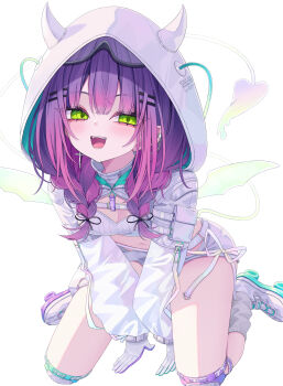 1girl 333shishishi333 :d absurdres braid chain chain_earrings chest_belt cross cross_earrings demon_girl demon_hood demon_wings earrings fangs full_body goggles goggles_on_head gradient_hair green_eyes grey_socks hair_ornament hair_over_shoulder hairclip highres hololive hood hood_up hooded_shrug jewelry knee_pads kneeling long_hair long_sleeves loose_socks low_twin_braids multicolored_hair official_alternate_costume open_mouth parallel_hairclips pink_hair pointy_ears pouch puffy_long_sleeves puffy_sleeves purple_hair roller_skates short_shorts shorts shrug_(clothing) simple_background skates ski_goggles smile socks solo thigh_pouch tokoyami_towa tokoyami_towa_(cyberpunk) turtleneck twin_braids twintails virtual_youtuber white_background white_shorts white_shrug white_wings wings