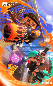 2girls 3d absurdres aqua_hair artist_collaboration artist_name black_footwear black_hat black_jacket black_shirt black_shorts blender_(medium) blue_sky blunt_bangs boater_hat boots can champagne_bottle closed_mouth cloud dated day drink_can dutch_angle eye_contact fangs female_focus flame_print full_body glint grate happy hat highres hime_cut holding holding_weapon in-universe_location ink_tank_(splatoon) inkling inkling_girl inkling_player_character jacket jumping karu_(karu1261) lens_flare long_hair long_sleeves looking_at_another medium_hair mixed_media motion_blur multiple_girls nintendo octoling octoling_girl octoling_player_character one_eye_closed open_mouth osen_kuiki outdoors pointy_ears range_blaster_(splatoon) red_eyes shirt shoes short_shorts shorts sidelocks signature sky smile soda_can splatoon_(series) splatoon_3 splatter squeezer_(splatoon) suction_cups teeth tentacle_hair tentacles trigger_discipline watermark wave_breaker_(splatoon) weapon white_footwear