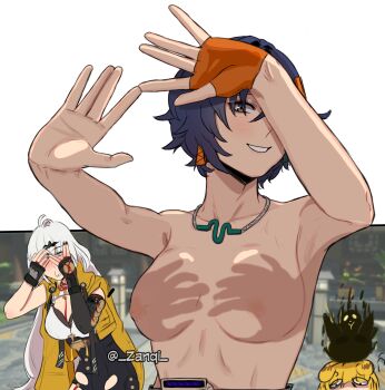 3girls absurdres animal animal_ears animal_on_head asymmetrical_gloves bare_shoulders belle_(zenless_zone_zero) bird bird_on_head black_bird black_unitard blonde_hair blue_hair blush breasts cleavage covering_own_eyes earrings elbow_gloves eye_contact fingerless_gloves gloves green_eyes hair_between_eyes hair_ornament hairclip hand_shadow_covering_breasts_(meme) high-waist_shorts highres holding holding_ofuda jacket jewelry ju_fufu letter_hair_ornament long_hair looking_at_another medium_breasts meme mole mole_on_breast mole_on_chest multiple_girls necklace nipples ofuda on_head peeking_through_fingers qingming_bird_(zenless_zone_zero) shorts single_elbow_glove single_fingerless_glove single_hair_intake striped_fur tiger_ears tiger_girl topless_female uneven_gloves white_hair yellow_eyes yellow_jacket yin_yang_pin yixuan_(zenless_zone_zero) yuri zanqi zenless_zone_zero