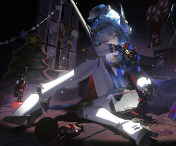 1girl aoiinu0125 aqua_eyes aqua_hair blunt_bangs box building cape cardboard_box cardboard_cutout chinese_commentary christmas dark_room elbow_rest genshin_impact hair_intakes hair_up hat head_tilt headpiece humanoid_robot indoors ineffa_(genshin_impact) joints knee_up leaning_forward light_particles looking_to_the_side mecha night night_sky nutcracker robot robot_girl robot_joints shade sitting sky skyscraper solo spotlight super_robot window