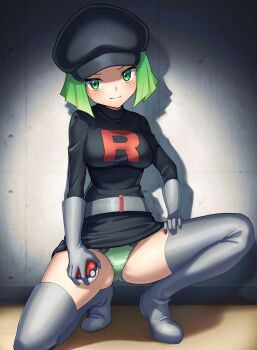 1girl belt black_dress black_hat boots commentary_request dress elbow_gloves gloves green_eyes green_hair green_panties grey_belt grey_gloves hat highres holding holding_poke_ball kamuchin_soda knee_boots nintendo panties poke_ball pokemon pokemon_frlg smile solo squatting team_rocket_grunt thigh_boots underwear