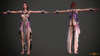 1girl 3d aphrodite_(god_of_war) armpits ass barefoot blue_eyeshadow braid breasts brown_hair dress eyeshadow feet full_body god_of_war god_of_war_iii highres jewelry large_breasts lightning lips long_hair louis_lu makeup multiple_views nipples outstretched_arms panties pelvic_curtain purple_dress purple_eyes revealing_clothes silver_bangle single_braid spread_arms standing thong toes underwear watermark
