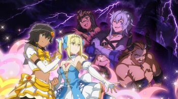 2girls 3girls abs aiz_wallenstein animal_ears animal_hands anime_coloring bare_shoulders beard bete_loga black_hair black_horns black_streaks blonde_hair blue_bow blue_dress bow bracer braid braided_sidelocks breasts brown_eyes brown_hair cleavage closed_mouth collar crop_top danmachi_battle_chronicle dark-skinned_female dark_skin detached_sleeves dress dungeon_ni_deai_wo_motomeru_no_wa_machigatteiru_darou_ka elbow_gloves evil_smile eyeliner facial_hair fingerless_gloves full_beard fur-trimmed_jacket fur_trim game_cg gareth_landrock gloves gold_tiara green_eyes grey_hair grin hair_between_eyes hair_bow hair_ornament hair_slicked_back heart heart_hair_ornament highres horns jacket jewelry lightning long_hair magical_girl makeup medium_hair midriff multicolored_hair multicolored_skirt multiple_girls non-web_source official_alternate_costume official_art puffy_short_sleeves puffy_sleeves purple_collar purple_jacket purple_lightning red_eyeliner red_lips shirt short_hair short_sleeves siblings sidelocks sisters skirt small_breasts smile spiked_collar spikes stitched_arm stitched_face stitches streaked_hair tiona_hyryute tione_hyryute topless_male twins twintails white_gloves white_shirt white_skirt white_sleeves wolf_boy wolf_ears yellow_bow yellow_eyes yellow_skirt