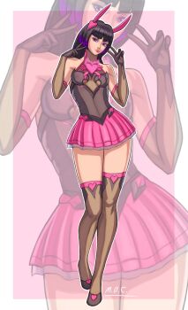 1girl absurdres accessories black_hair blizzard_(company) bow breasts brooch d.va_(overwatch) gloves hair_ornament heart heart_brooch heart_hair_ornament highres jewelry legs lips lipstick long_hair long_legs looking_at_viewer makeup overwatch overwatch_2 pink_background pink_bow pink_lips pink_skirt purple_eyes shirt simple_background skirt sleeveless sleeveless_shirt smile standing thick_thighs thighhighs thighs wide_hips wing_hair_ornament