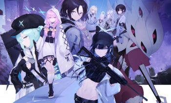 14yuruis 6+girls absurdres arius_squad_(blue_archive) armband assault_rifle atsuko_(blue_archive) azusa_(blue_archive) beatrice_(blue_archive) belt blue_archive blue_eyes blue_hair brown_hair colored_skin cz_scorpion_evo_3 gun h&amp;k_hk33 halo hat highres hiyori_(blue_archive) hood hoodie maia_(blue_archive) misaki_(blue_archive) multiple_girls multiple_wings pink_eyes pink_hair red_skin rifle saori_(blue_archive) seraph sig_516 sig_mcx sig_sauer subaru_(blue_archive) submachine_gun suzumi_(blue_archive) weapon wings
