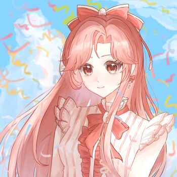 1girl absurdres bare_shoulders beads blue_sky bow bow_earrings bowtie brooch brown_eyes center_frills chinese_commentary closed_mouth cloud collared_shirt commentary_request confetti day earrings eyelashes floral_memory_(infinity_nikki) frilled_shirt frilled_shirt_collar frills hair_bow hair_ornament happy highres infinity_nikki jewelry kfc lips long_hair long_sidelocks looking_ahead nikki_(nikki) nikki_(series) outdoors parted_bangs pink_hair pink_lips red_bow red_bowtie shirt sidelocks single_sidelock sky sleeveless sleeveless_shirt smile solo striped_clothes striped_shirt upper_body vertical-striped_clothes vertical-striped_shirt very_long_hair white_shirt youmi86324