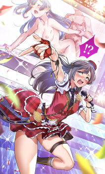 !? absurdres black_hair blush breasts completely_nude confetti cowboy_shot doggystyle fingerless_gloves gloves hetero highres holding holding_microphone idol long_hair love_live! love_live!_nijigasaki_high_school_idol_club medium_breasts microphone mishima_psycho nipples nude red_gloves red_skirt red_vest sex sex_from_behind shirt skirt solo_focus stage surprised vest white_shirt yuki_setsuna