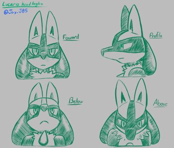 1boy animal_ears artist_name body_fur closed_mouth cropped_torso english_text from_side furry furry_male gen_4_pokemon grey_background j.jama looking_afar lucario male_focus monochrome multiple_views nintendo pokemon pokemon_(creature) portrait profile signature simple_background sketch snout spikes straight-on twitter_username wolf_boy wolf_ears
